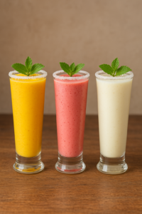 Three refreshing lassi drinks from the Theiven Cafe menu
